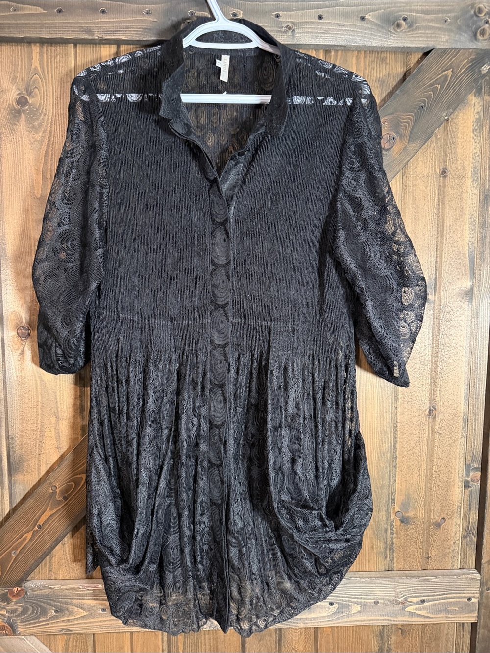 Women's Black Lace Button-Front Tunic with Gathered Skirt